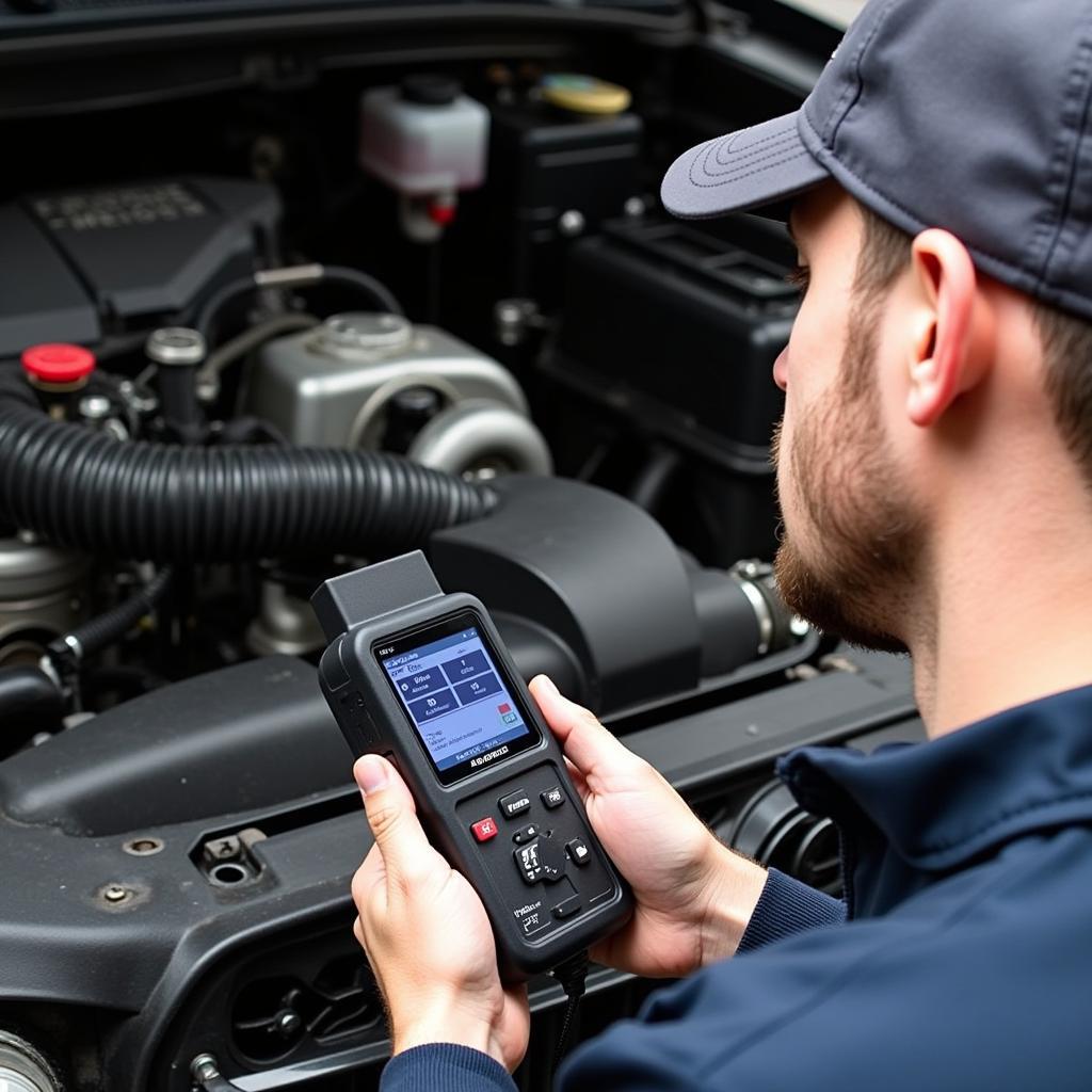 Mechanic Using OBD2 Scanner on Car