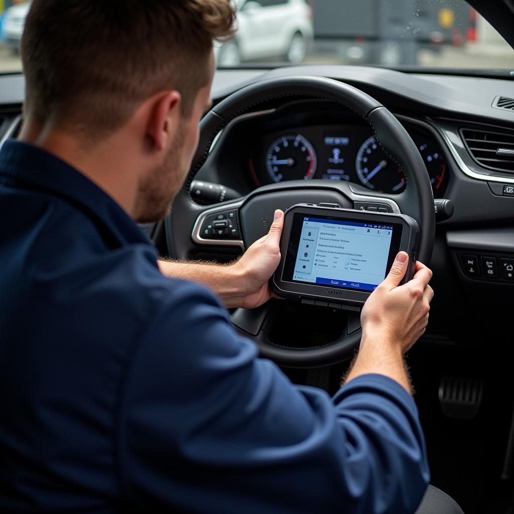 Mechanic Using OBD2 Volvo VIDA DICE to Diagnose a Car Issue