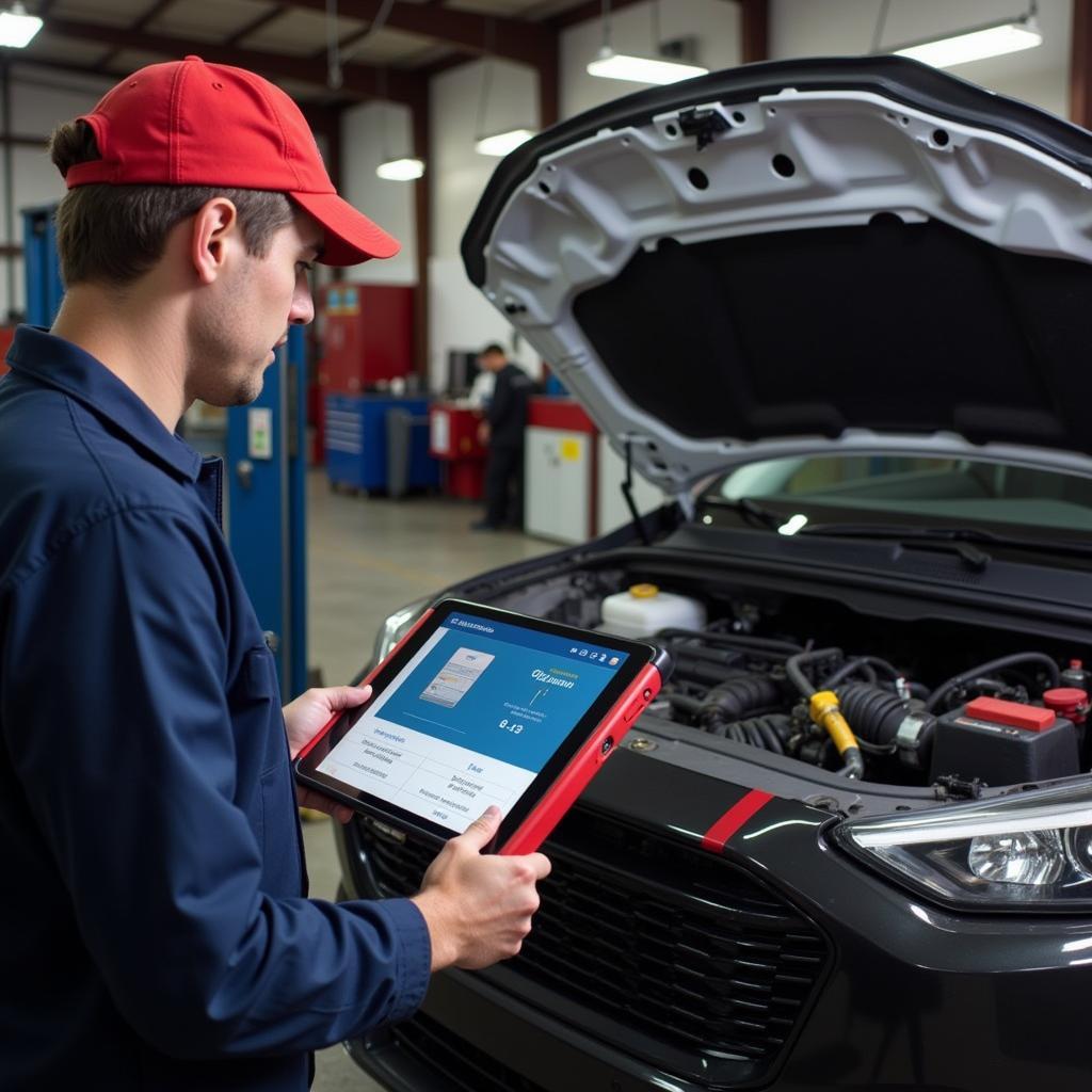 Mechanic Using OBDLink MX Bluetooth Scan Tool to Diagnose Car Problem