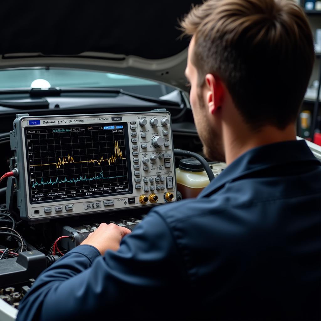 Mechanic using an oscilloscope for advanced diagnostics