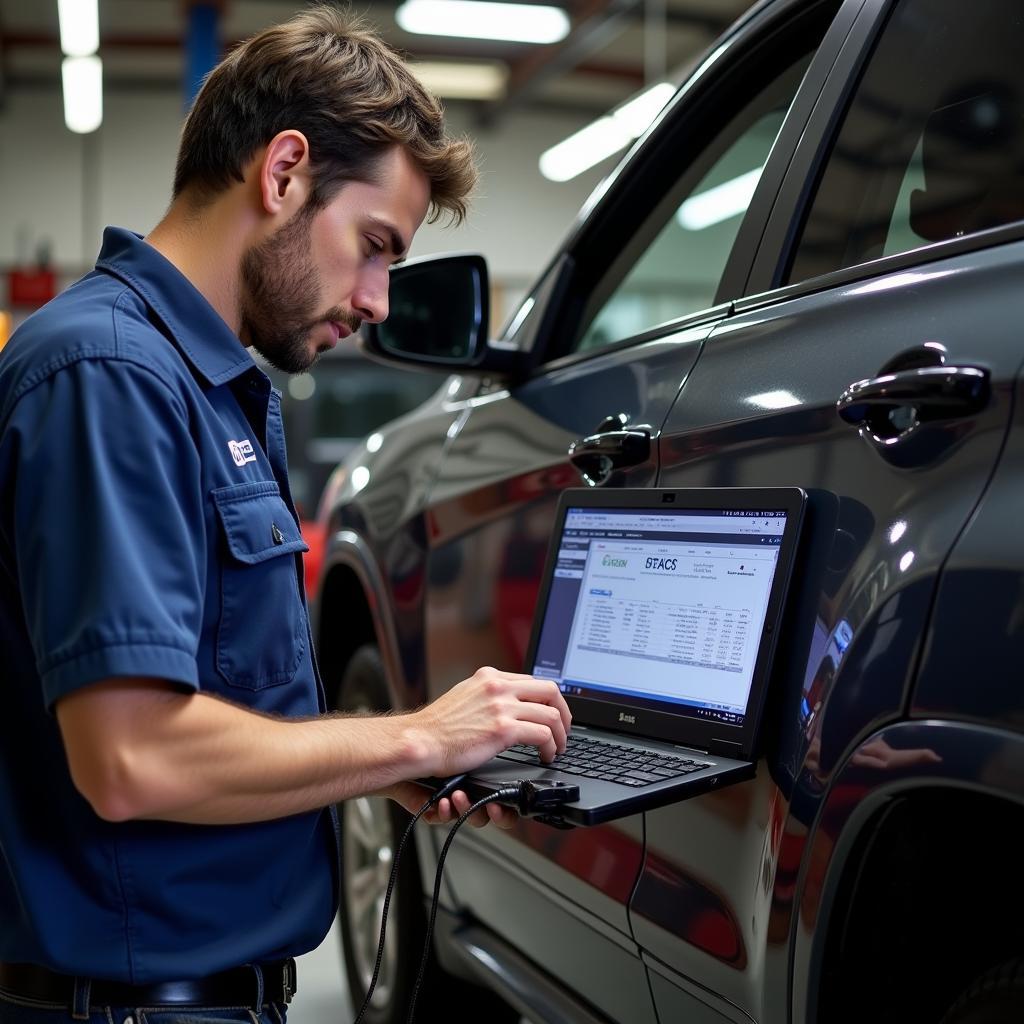 Mechanic Using PC Diagnostic Tool on a Car