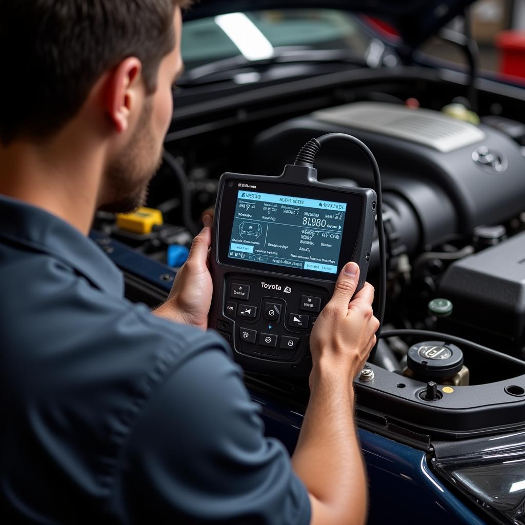 Mechanic Using Pro Scan Tool on Toyota Engine