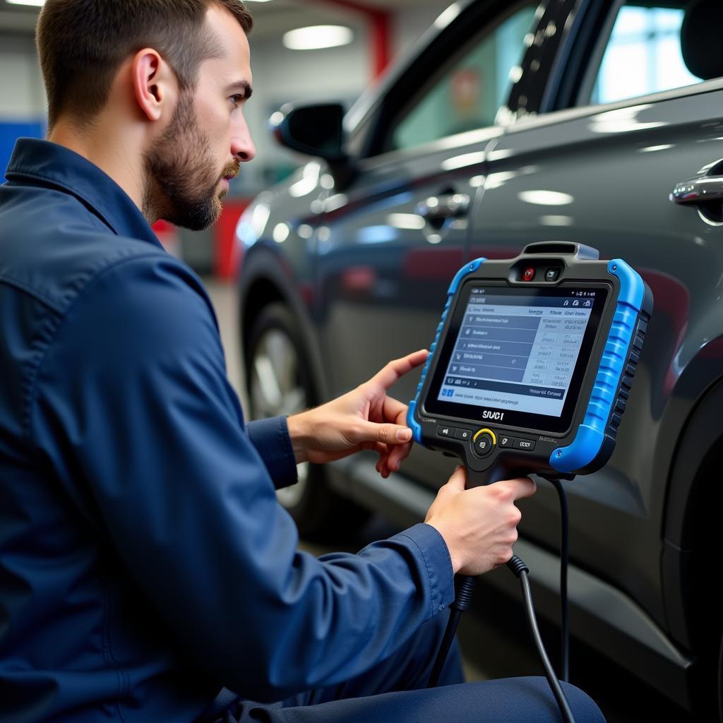 Mechanic Using Professional Diagnostic Scanner