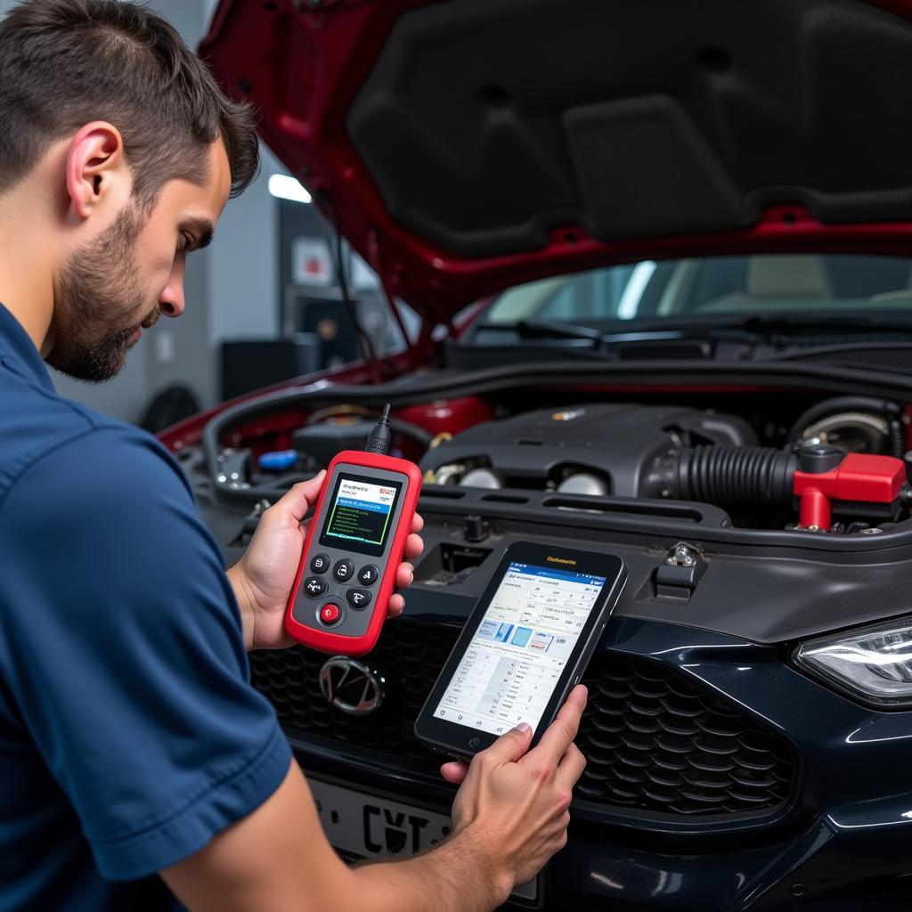 Mechanic Using Professional Scan Tool Bluetooth OBD2