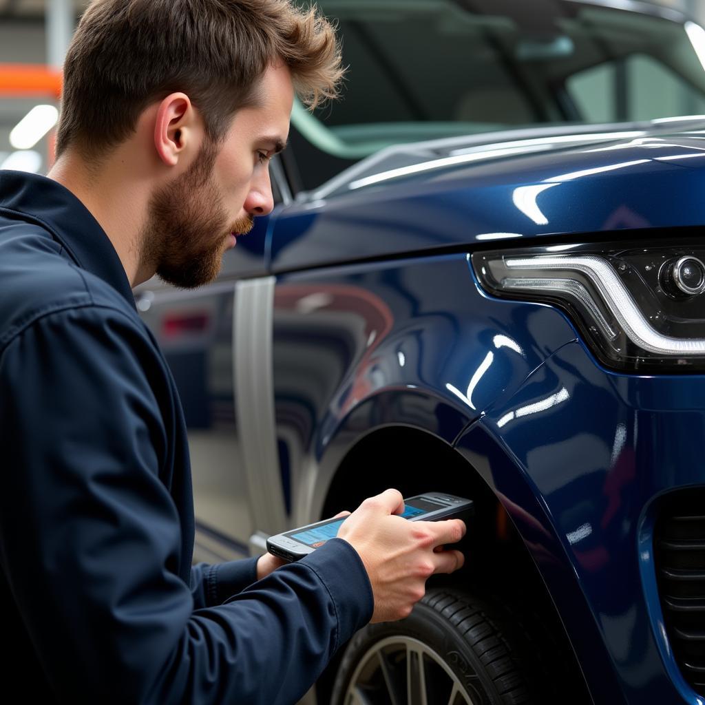 Mechanic Using a Scan Tool on a Range Rover