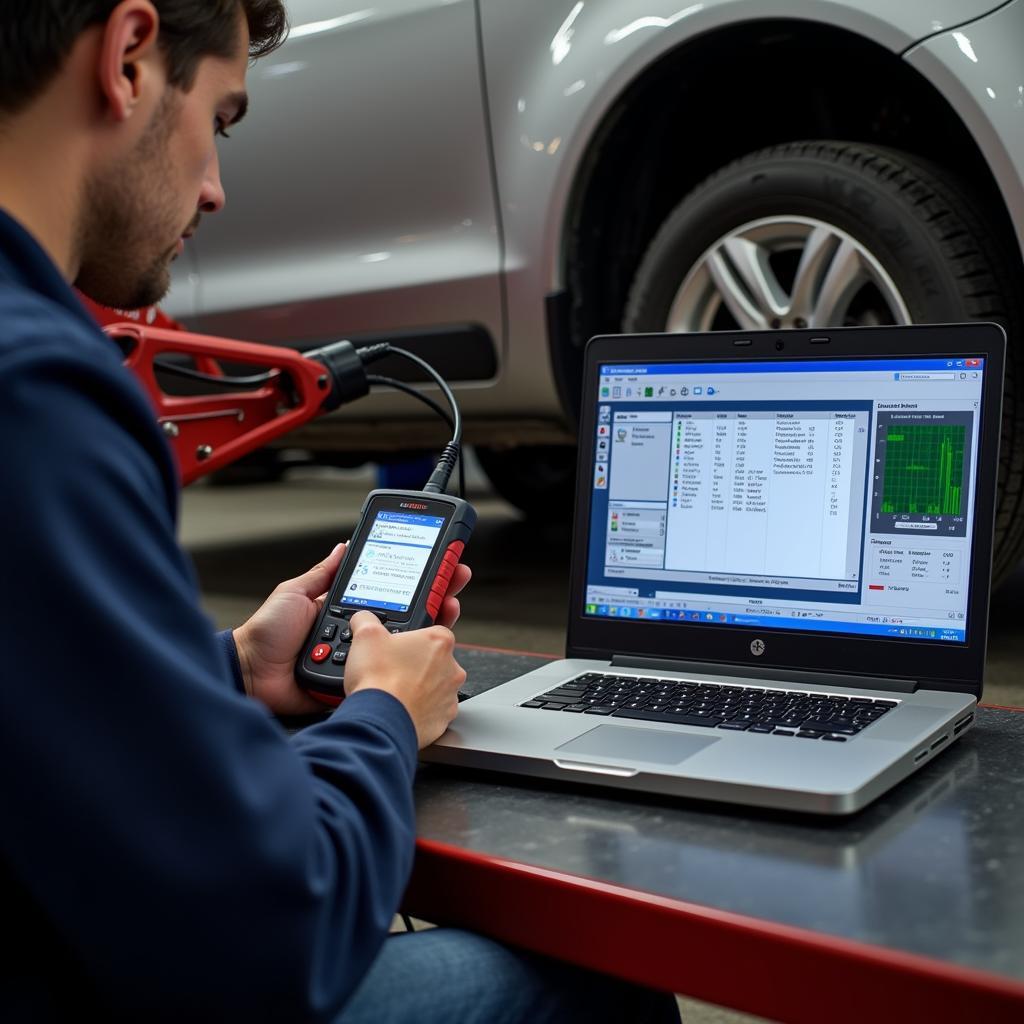 Mechanic using scan-tool and laptop for diagnostics