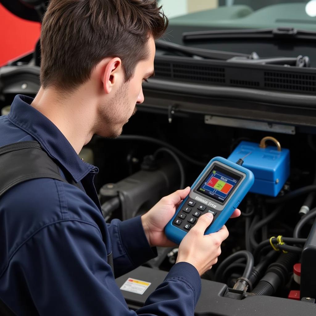 A mechanic diagnoses a car problem using an ecodiesel scan tool