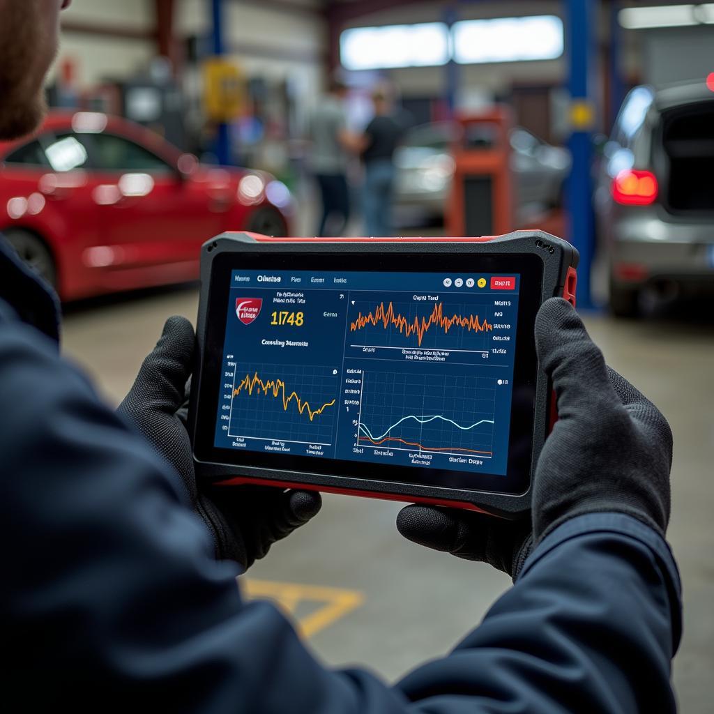 Mechanic Using a Scan Tool in a Garage