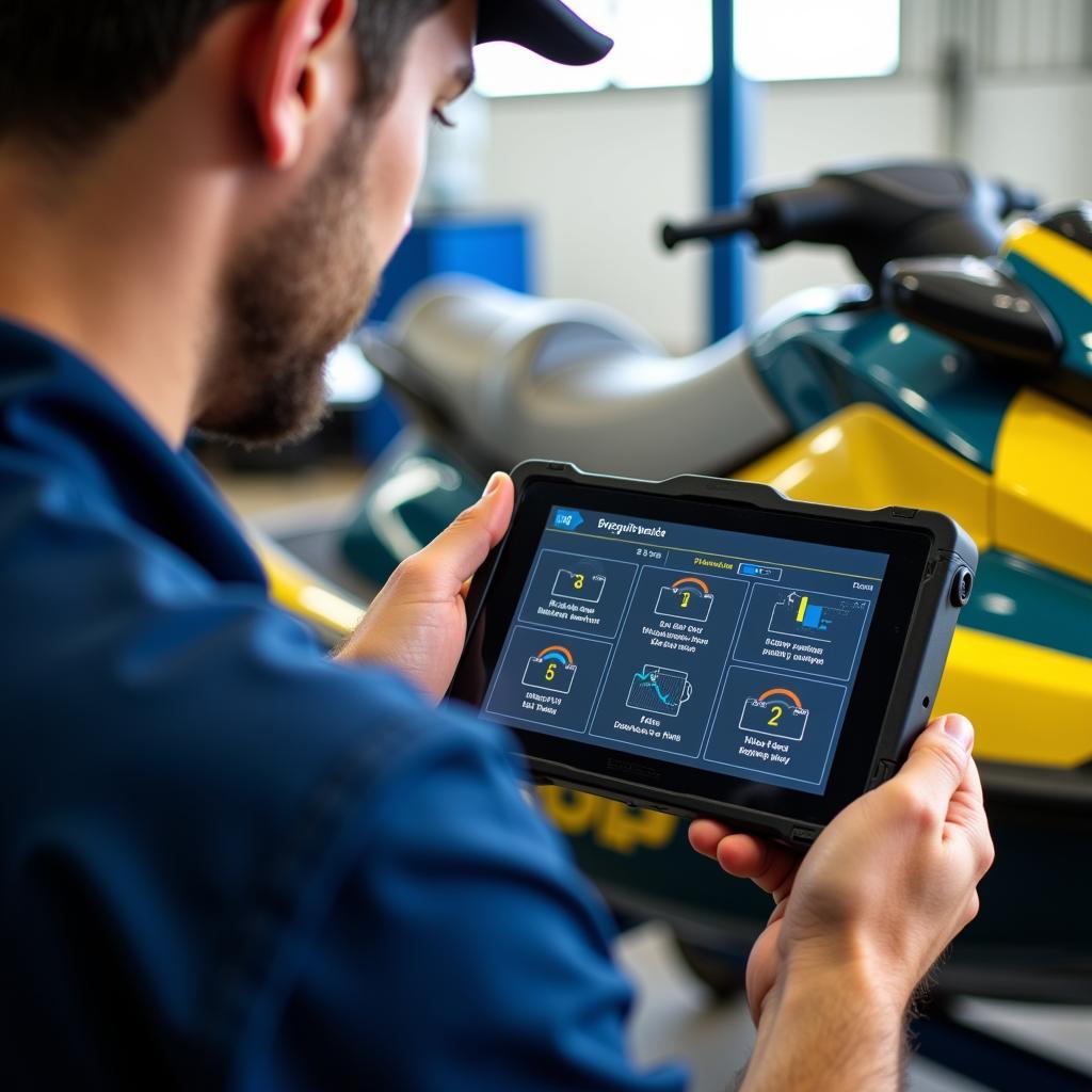 Mechanic performing preventative maintenance on a jet ski using a scan tool