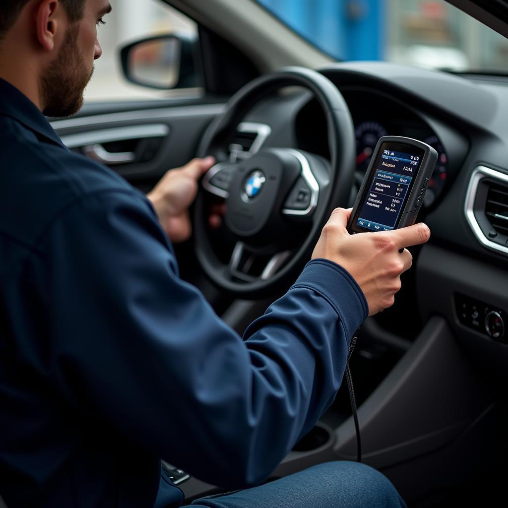 Mechanic Using a Scan Tool for Car Diagnostics