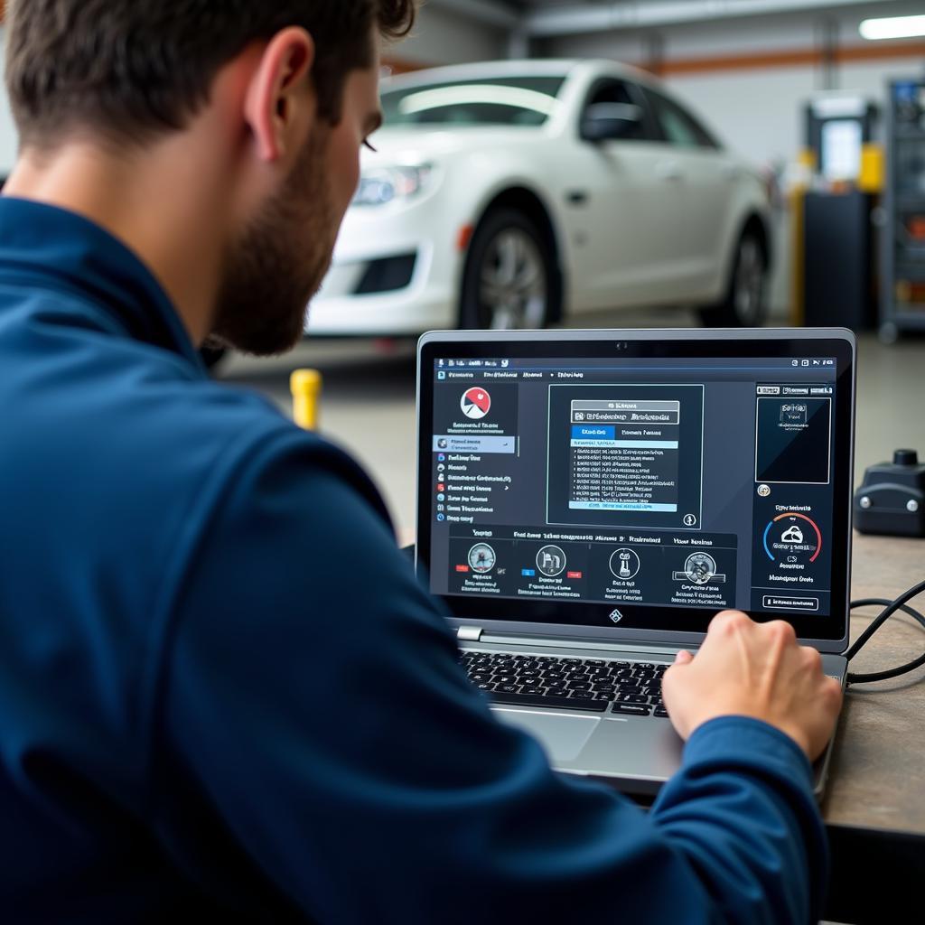 Mechanic using scan tool software on a laptop in a garage