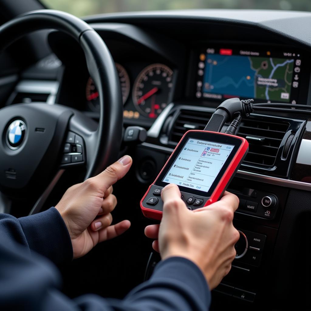 Mechanic Diagnosing a BMW using a Scanner