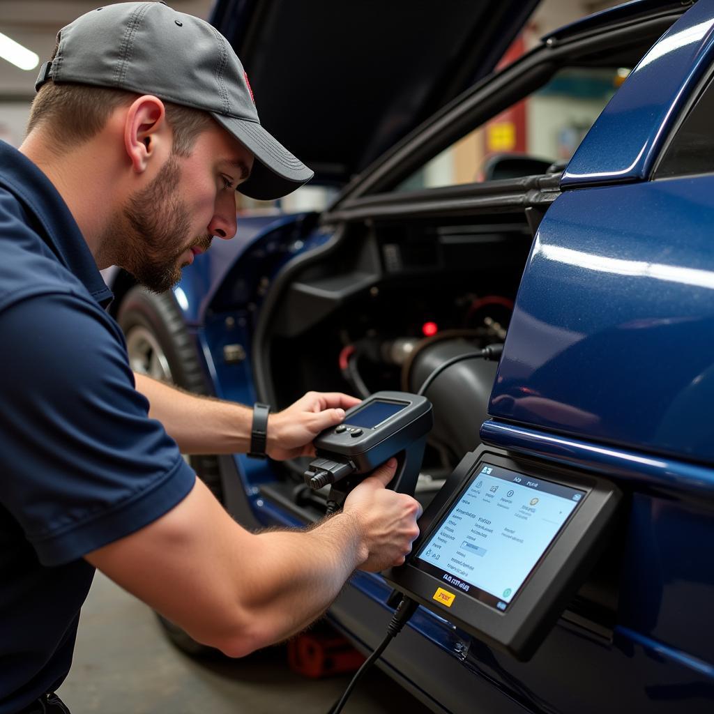 Mechanic Diagnosing a 1992 Corvette with a Scanner Tool