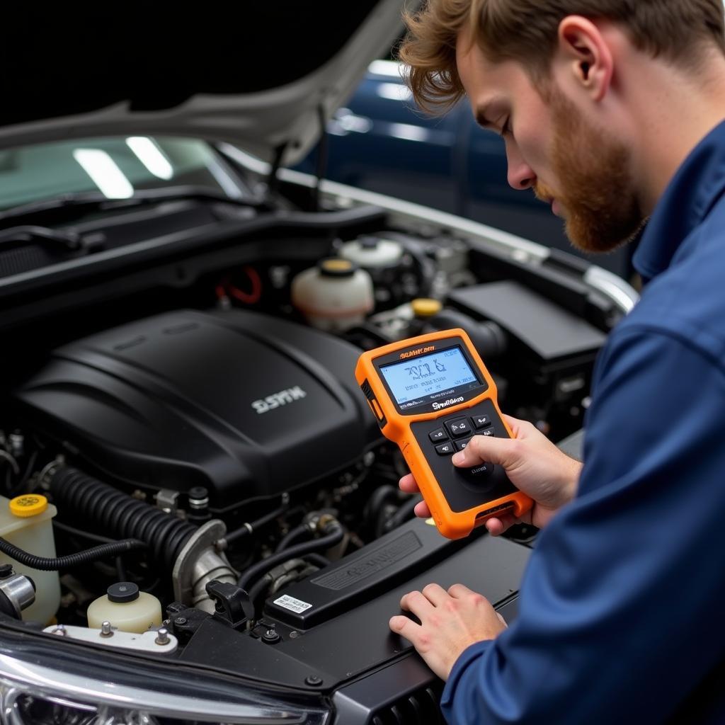 Mechanic Diagnosing a Car Engine Using a Snap-on Bi-Directional Scan Tool