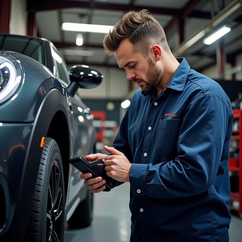 Mechanic using a Snap-on bidirectional scan tool on a car in a repair shop.