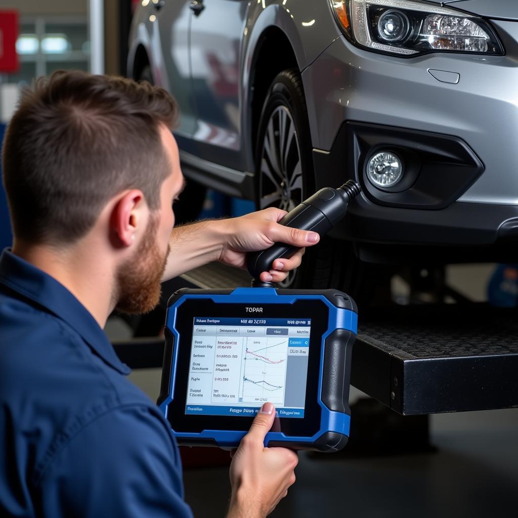 Mechanic Using a Subaru Diesel Diagnostic Tool