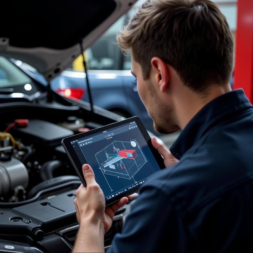 Mechanic using tablet with diagnostic software on a car engine