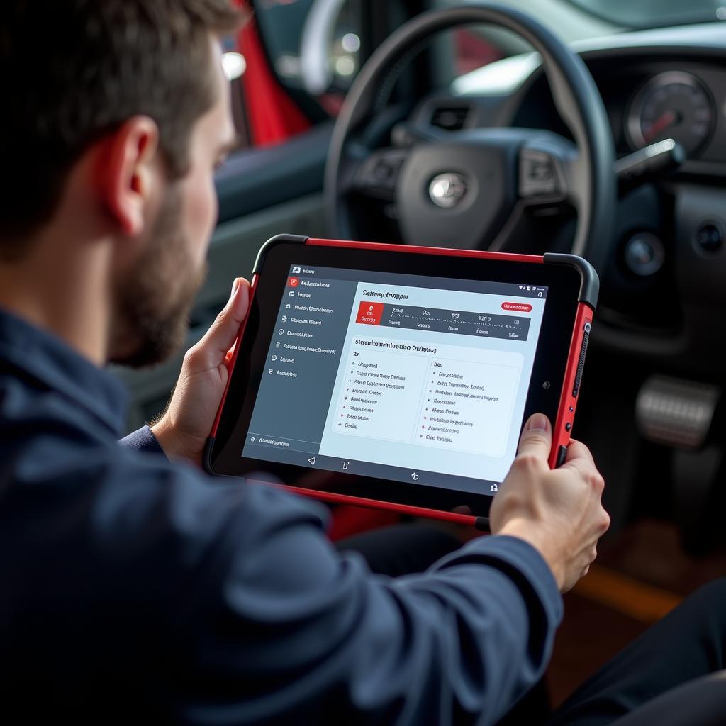 Mechanic using TaskMobile Scan Tool on Tablet