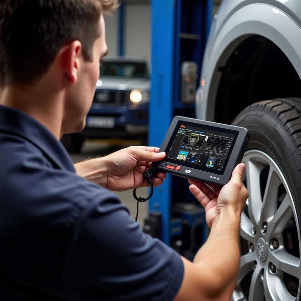 Mechanic Using TSC TE210 Diagnostic Tool in Workshop