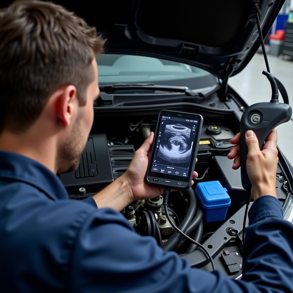 Mechanic Diagnosing Car Engine Issues with an Ultrasound Diagnostic Tool