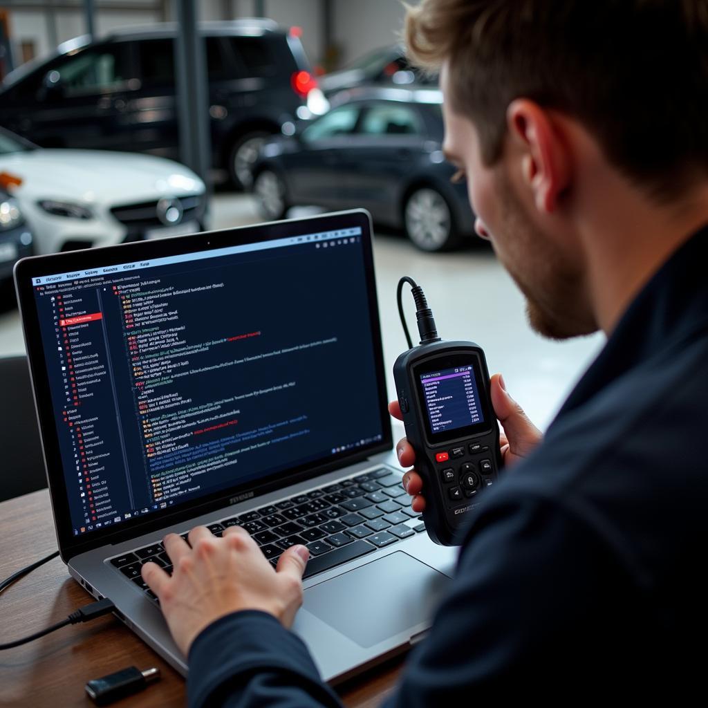 Mechanic using USB Car Scanner and Laptop