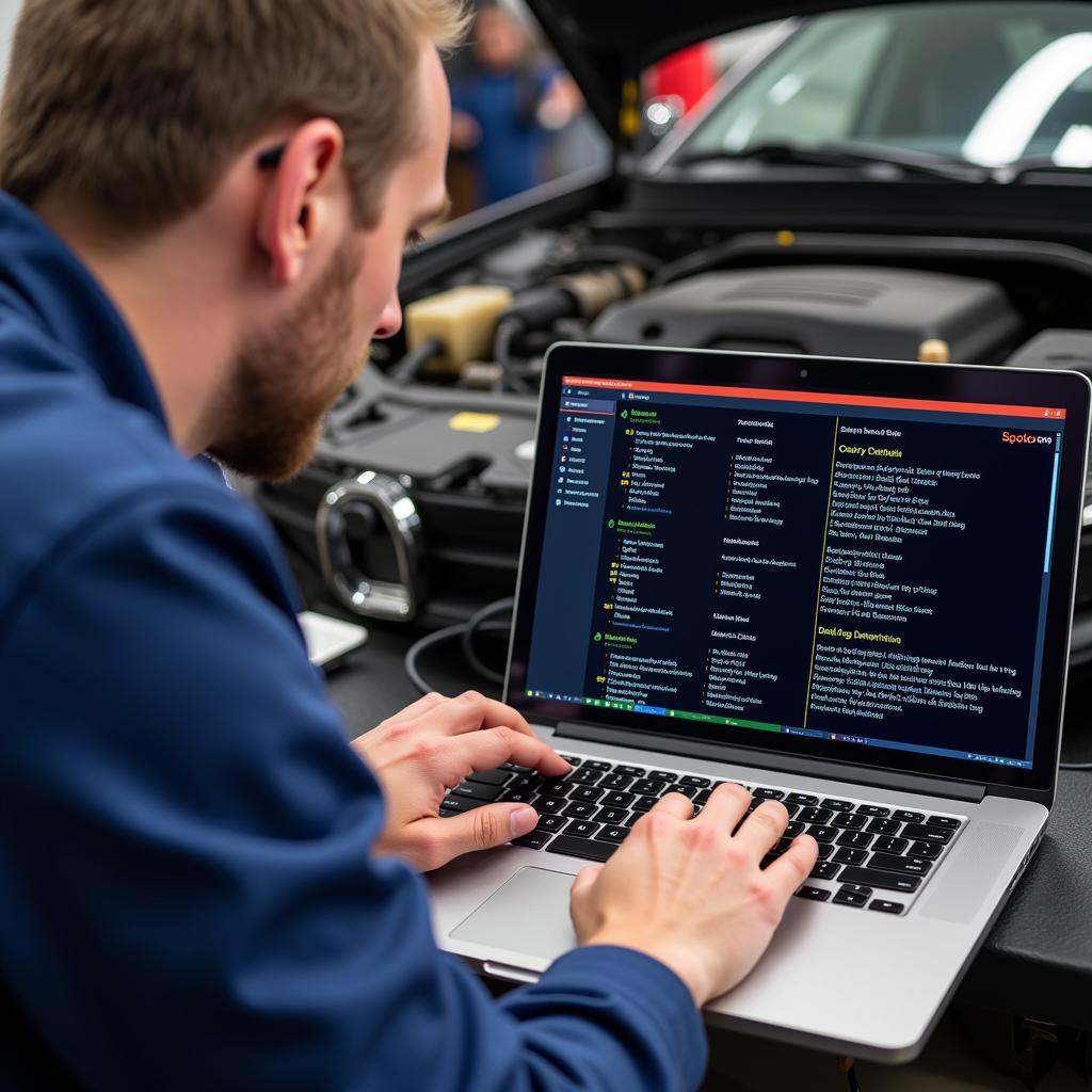 Mechanic Using USB Flash Drive Diagnostic Tool on Laptop