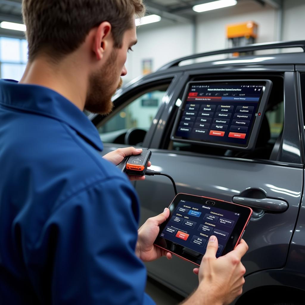 A mechanic using the Wsiiroon OBD2 scanner to diagnose a car in a workshop.