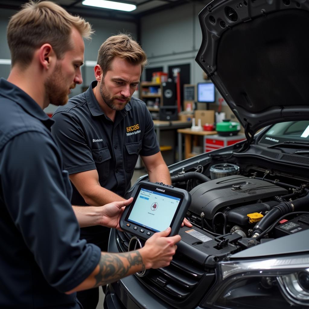 Mechanics Using Foxwell NT 301 for Diagnostics