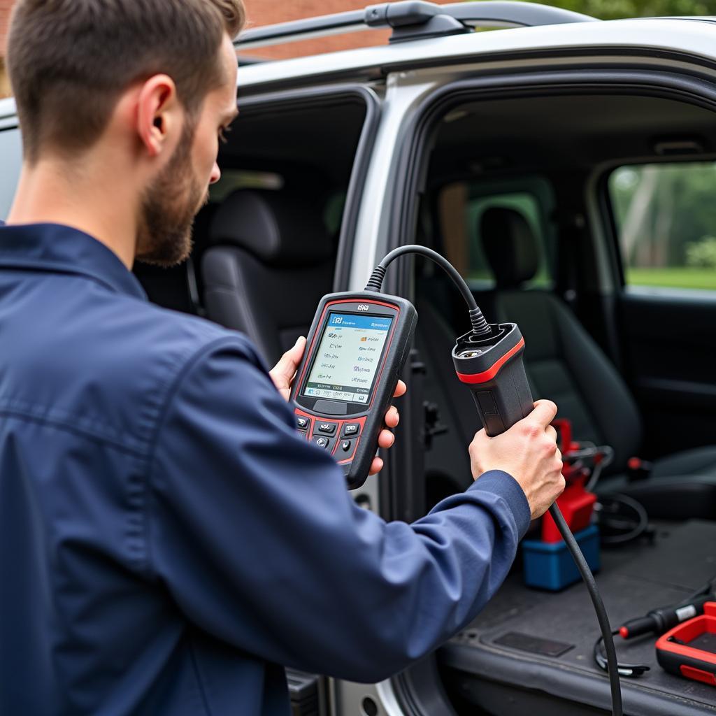 Mobile mechanic using a scan tool to diagnose a car problem onsite