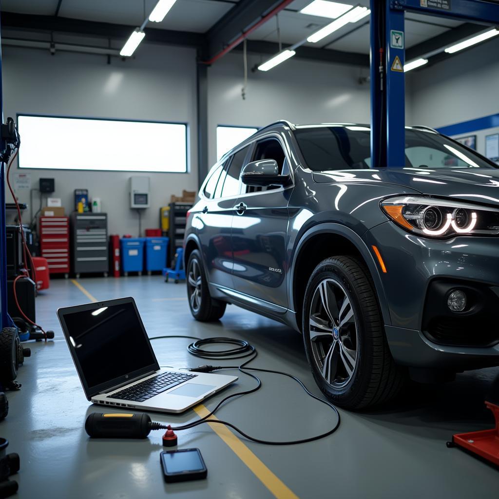 Modern Car Diagnostic Setup in a Repair Shop