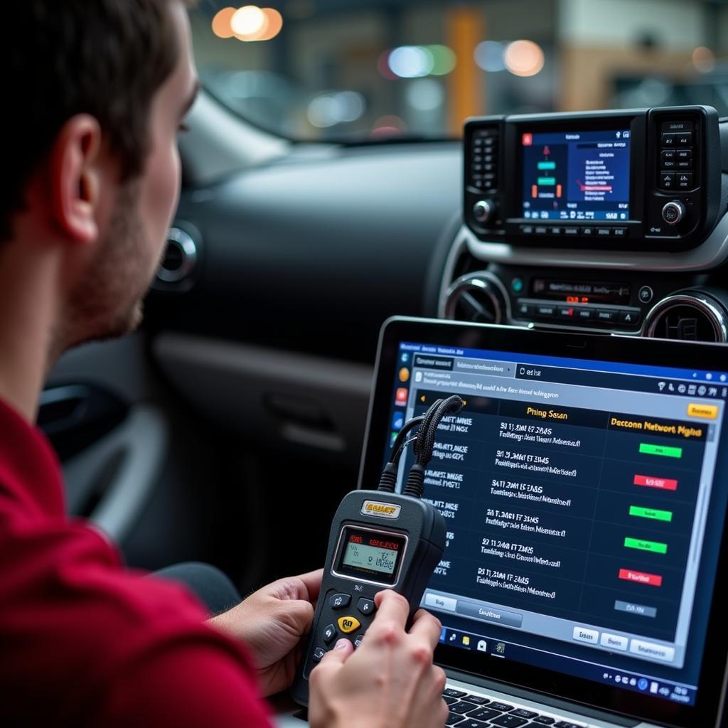 Automotive Technician Using a Ping Scan Tool