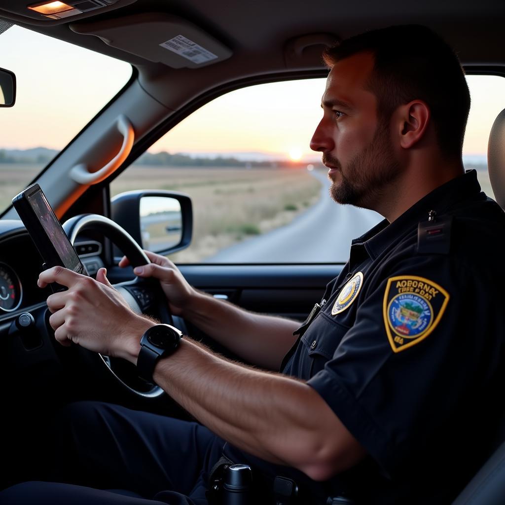 Police Officer Using Fire Scanner in Patrol Car