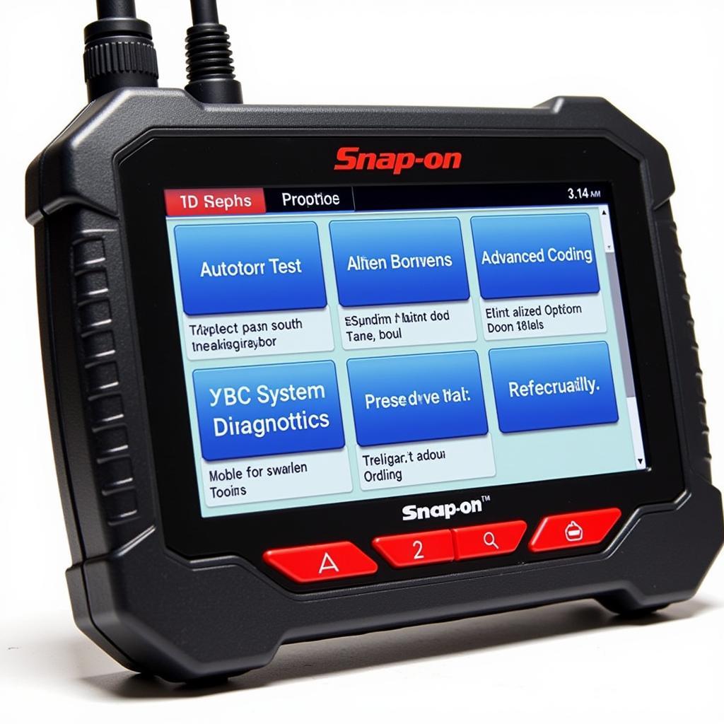 Close-up of a Snap-on bidirectional scan tool displaying its various features and menus.