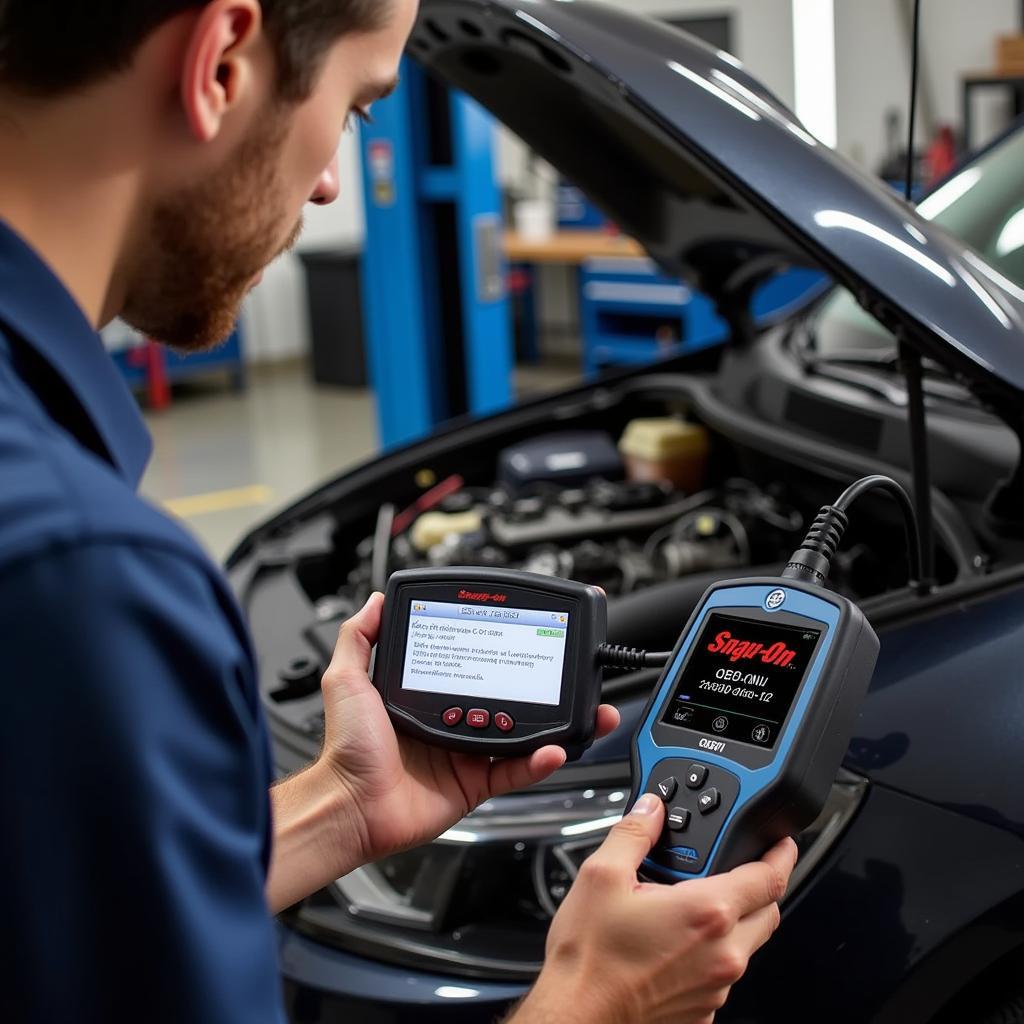 Technician Using a Snap-On Diagnostic Scanner