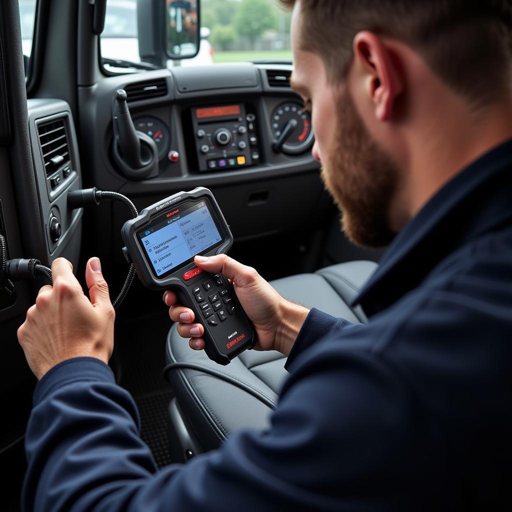 Snap-on Scanner Connected to Heavy Duty Truck for Diagnostics