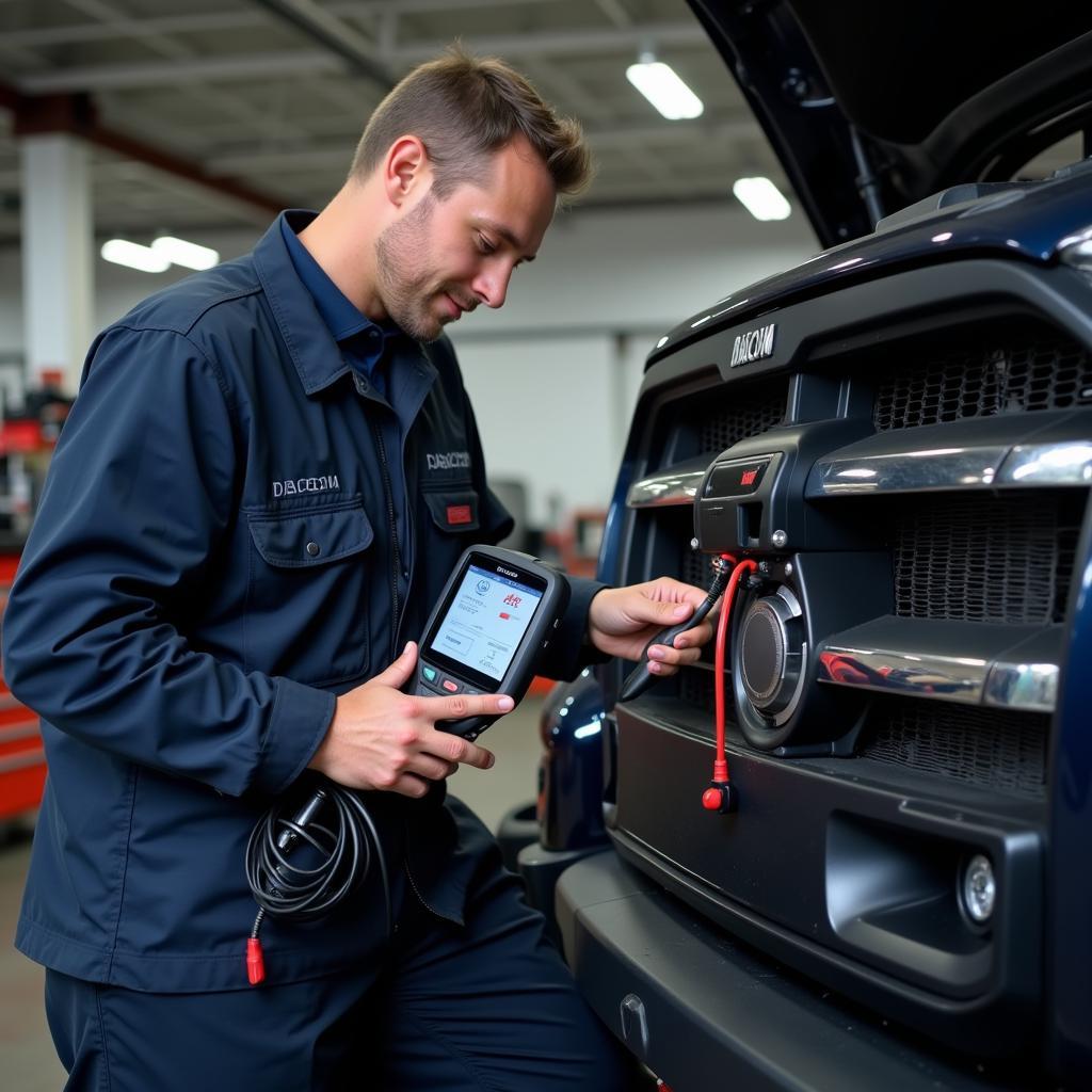 Technician Using Diacom for Car Diagnostics