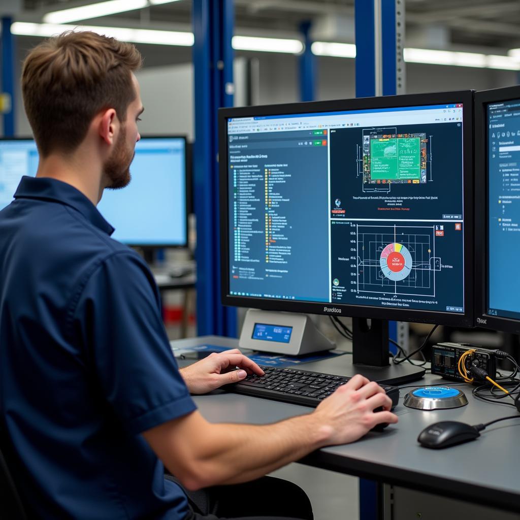 Technician Using E-Trainer Board for Diagnostics