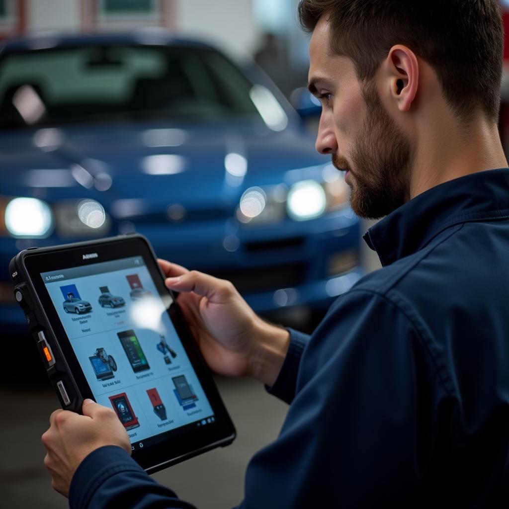 Technician Using Touchpad Diagnostic Tool