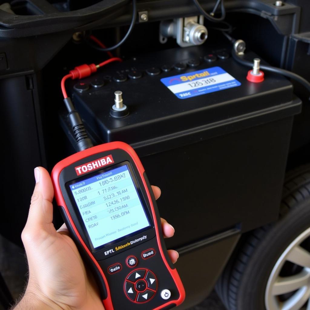 Toshiba Battery Diagnostic Tool Connected to Car Battery