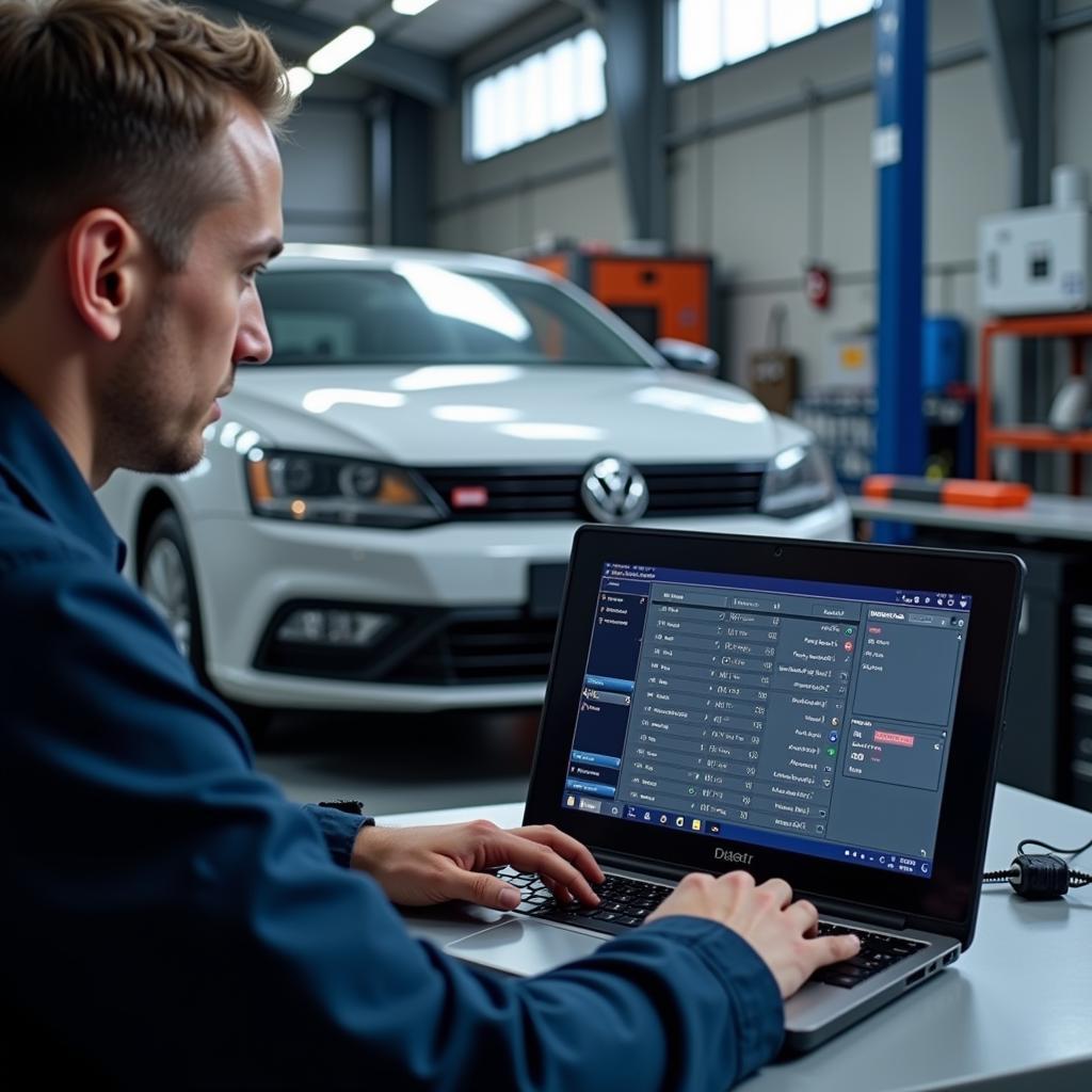 VW Technician Using VAS 5051 Diagnostic Tool