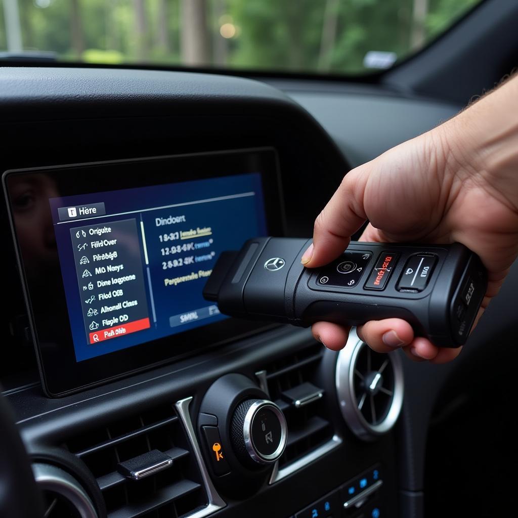 Mechanic Using a W208 Diagnostic Tool on a Mercedes-Benz