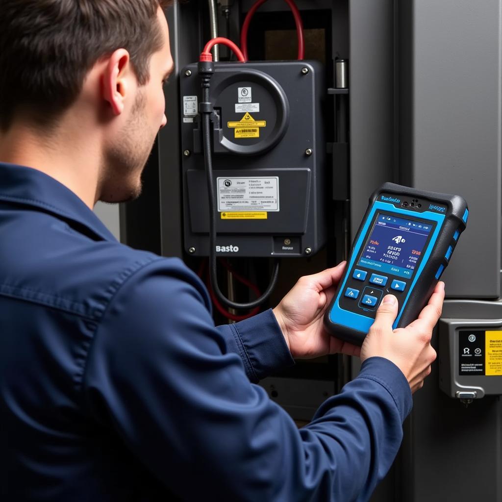 A mechanic using a Webasto diagnostic tool during a heater repair.