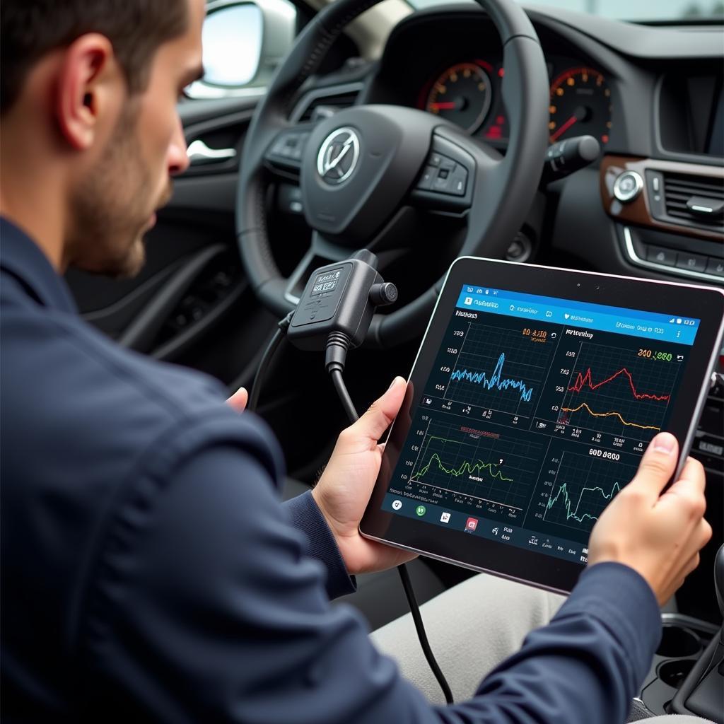 Mechanic using a WiFi diagnostic tool Android to troubleshoot a car's engine