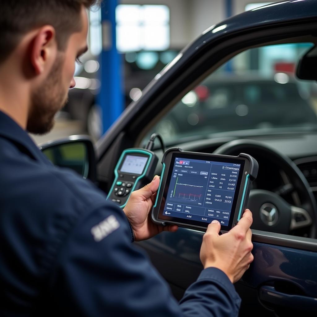 Wireless diagnostic handheld scanner tool connected to a tablet