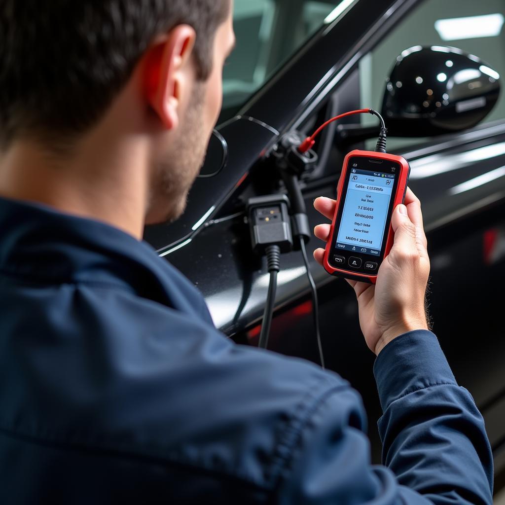 Mechanic using a wireless scan tool to diagnose a car engine.