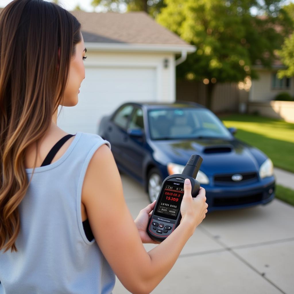 Woman Using MS309 to Diagnose Car Problem at Home