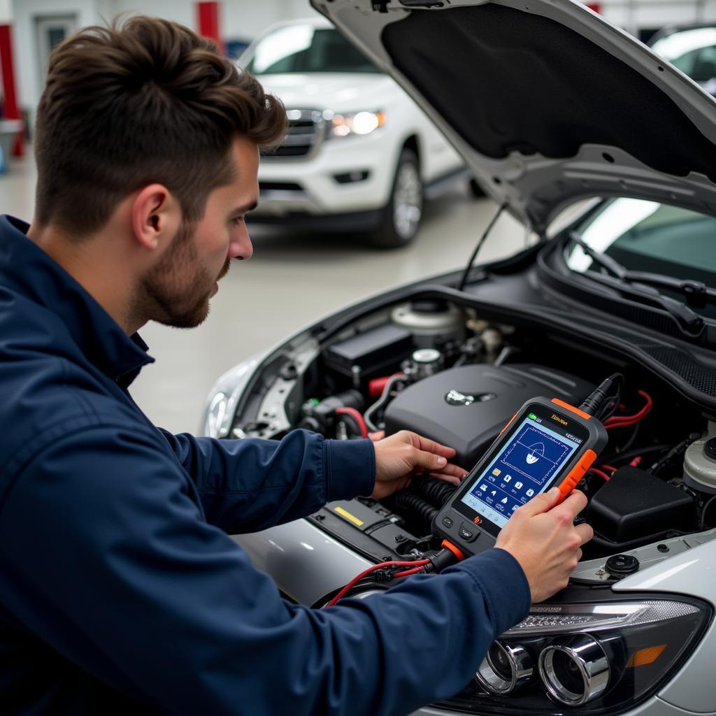 Technician using an air conditioning diagnostic tool to troubleshoot a car's AC system