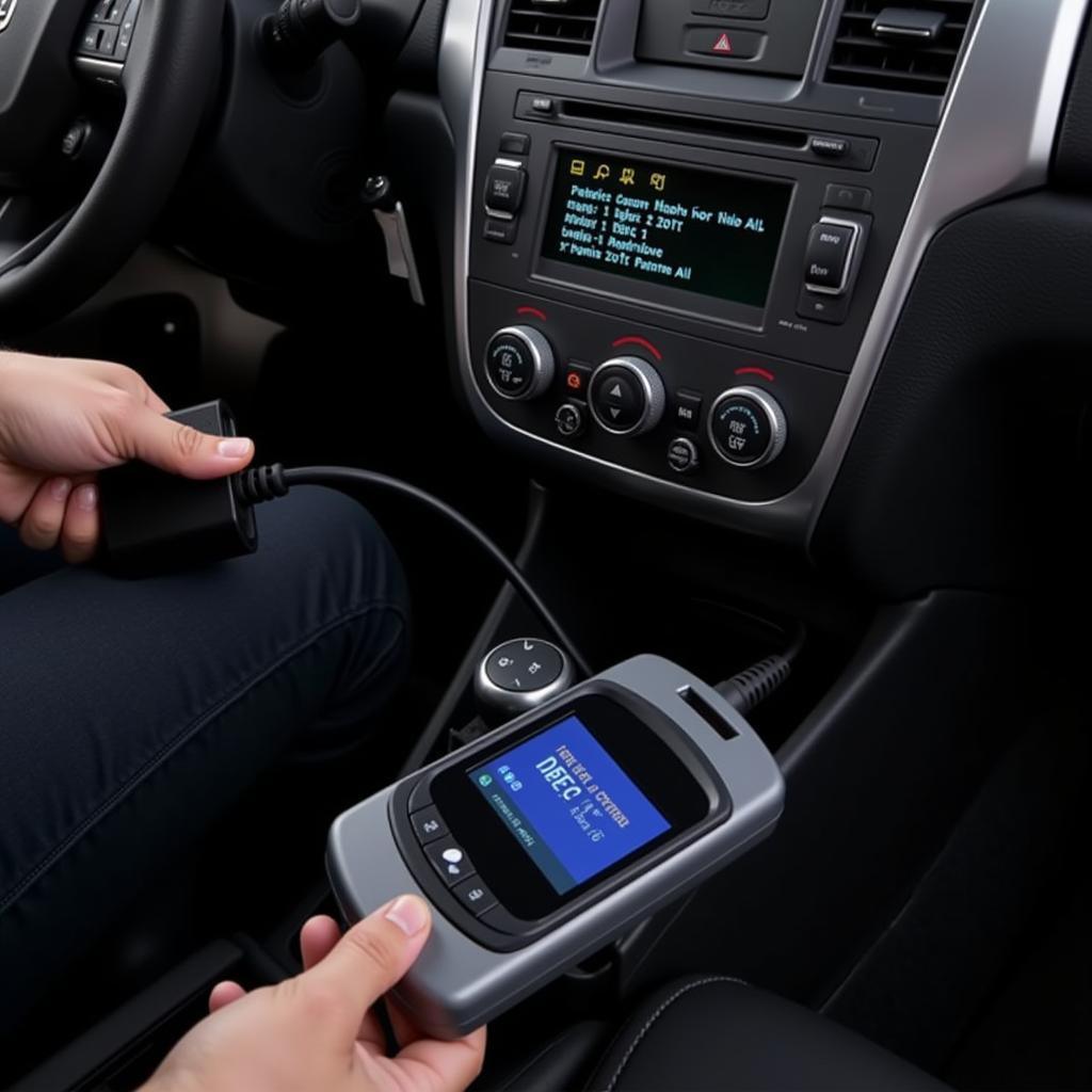 Mechanic using an automotive scanner to read DTCs from a car's OBD-II port.