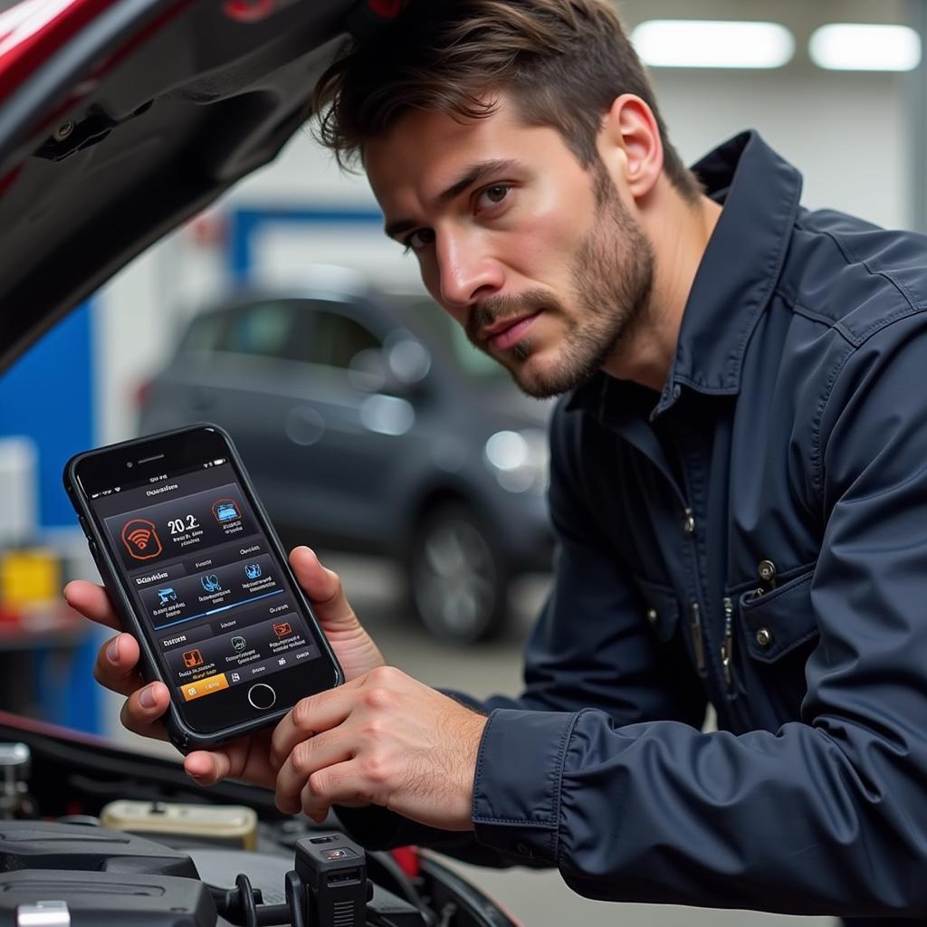 A mechanic is using a car diagnostic tool on his Android phone to diagnose a car problem.