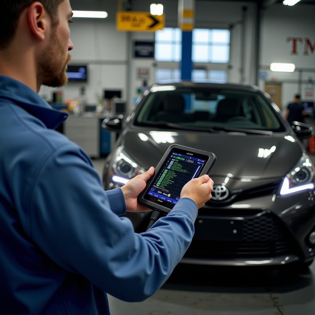 A mechanic holding a scan tool in front of a Toyota Yaris